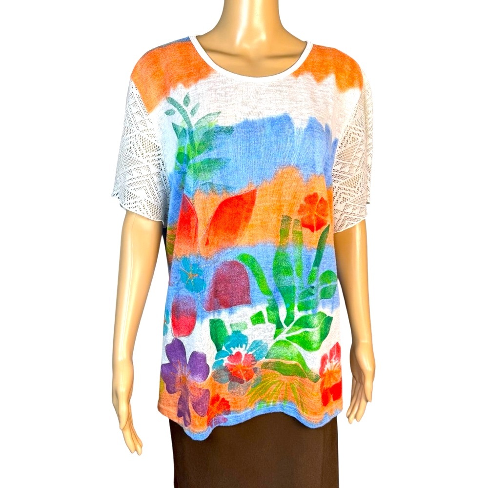 Crazy Fish Hawaii Cotton Colorful Floral Print Top Size XL